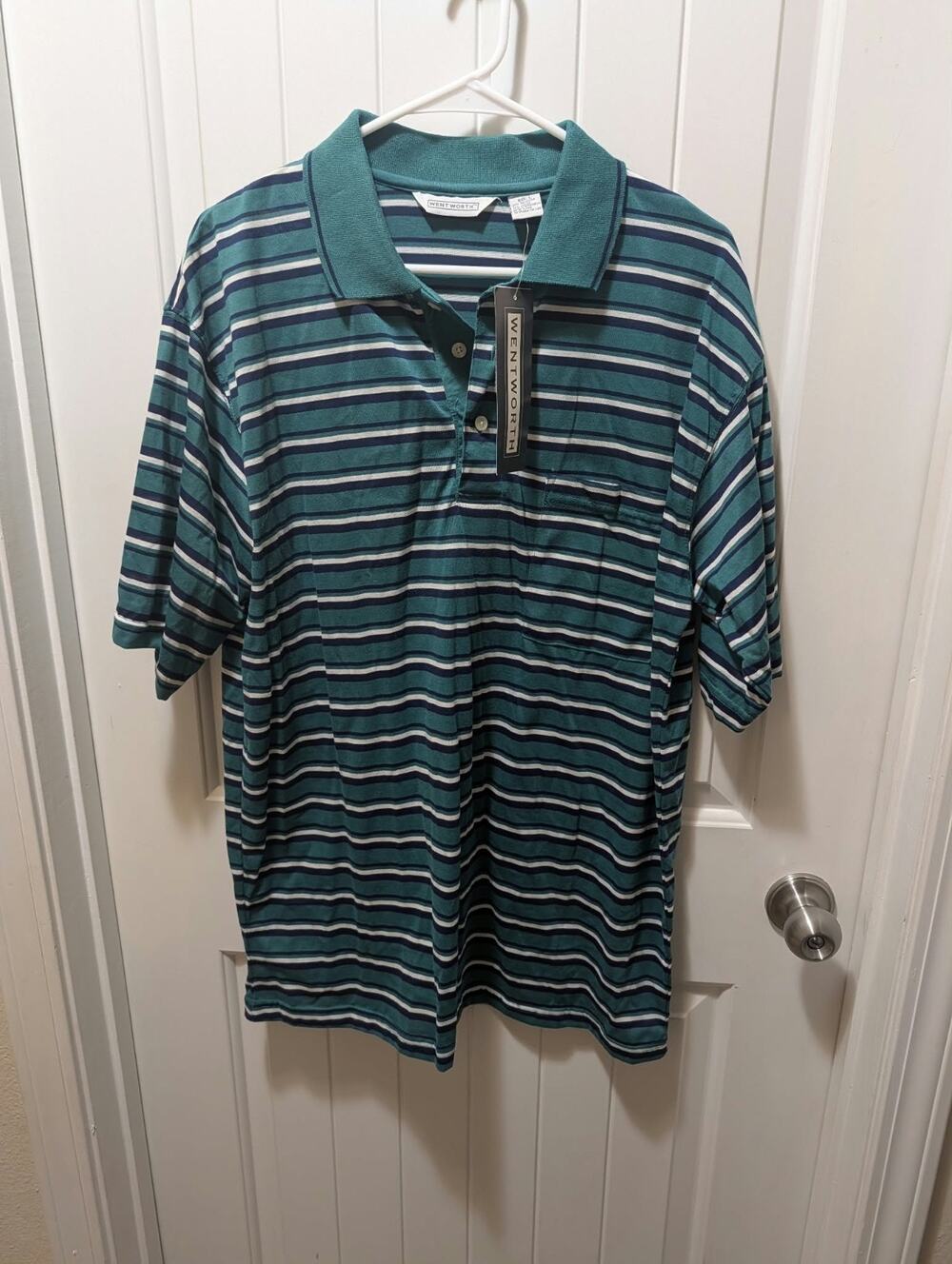 NEW! Vintage Wentworth Men’s L Blue Green Striped Short Sleeve Polo Golf Shirt